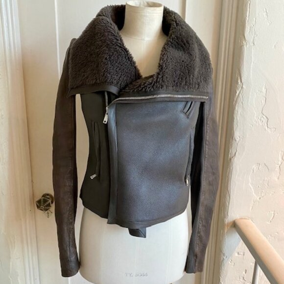 Rick Owens Lambskin Shearling Biker Jacket - Picture 1 of 12
